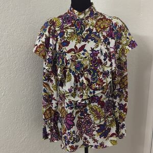 Topshop White Floral High-Neck Long-Sleeve Blouse with Multicolor Print
